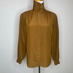 Jones New York Petite Sz 6 Camel Brown Blouse 90s High Neck